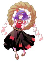  1girl after_battle alphes_(style) breasts brown_sandals clenched_hands commentary_request dairi full_body hands_up highres large_variant_set leaf long_skirt maple_leaf medium_breasts parody purple_hair rope sandals shimenawa skirt solo style_parody tachi-e tears touhou transparent_background tunic variant_set yasaka_kanako 