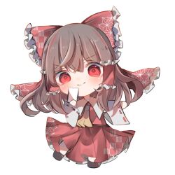  1girl asa_no_ha_(pattern) ascot bow brown_hair chibi chibi_only detached_sleeves frilled_bow frilled_hair_tubes frilled_skirt frills hair_bow hair_tubes hakurei_reimu highres holding holding_ofuda looking_at_viewer nontraditional_miko ofuda osyorasyora red_bow red_eyes red_shirt red_skirt ribbon-trimmed_sleeves ribbon_trim shirt simple_background skirt smile solo touhou white_background yellow_ascot 