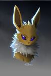  :&lt; absurdres animal_focus artist_name blank_eyes closed_mouth commentary english_commentary fur_collar gradient gradient_background grey_background highres jolteon looking_at_viewer no_humans pokemon pokemon_(creature) signature simple_background skeleion sketch solo upper_body violet_eyes 
