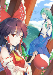 2girls absurdres ascot bare_shoulders black_hair blue_eyes blue_shoes blue_skirt blue_sky blurry blurry_background bow breasts clouds collar commentary_request crossed_arms detached_sleeves flower fog foliage frilled_bow frilled_hair_tubes frills frog_hair_ornament green_hair hair_bow hair_ornament hair_tubes hakurei_reimu highres kochiya_sanae kuma-ra light_blush light_smile long_hair looking_to_the_side medium_breasts midriff multiple_girls ocean onbashira orb parted_lips pink_flower profile red_bow red_eyes red_shirt shirt shoes simple_bird single_sidelock skirt sky snake_hair_ornament touhou white_collar white_shirt white_sleeves yellow_ascot yin_yang yin_yang_orb 