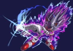  1boy absurdres aura blue_background dragon_ball dragon_ball_super dragon_ball_super_super_hero full_body gloves gohan_beast highres kornart makankousappou male_focus red_eyes simple_background solo son_gohan sonic_(series) sonic_the_hedgehog white_gloves 