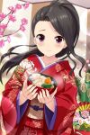  1girl alternative_girls black_hair bowl closed_mouth eyebrows_visible_through_hair floral_print flower_ornament food highres holding holding_bowl indoors japanese_clothes kimono long_hair looking_at_viewer obi official_art ponytail saionji_rei sash smile solo violet_eyes 