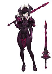  1girl absurdres alternate_eye_color alternate_hair_color alternate_skin_color armor armored_boots bags_under_eyes blonde_hair boots braid bull clarent_(fate) commission commissioner_upload fake_horns fangs fate_(series) full_armor gauntlets greaves half_up_braid helmet highres holding holding_sword holding_weapon horned_headwear horned_helmet horns leg_armor loincloth looking_at_viewer medium_hair mordred_(fate) nabunabu open_mouth over_shoulder pale_skin pauldrons ponytail red_trim shoulder_armor shouting solo spikes standing sword sword_over_shoulder weapon weapon_over_shoulder white_background yellow_eyes 