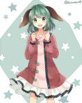  1girl animal_ears blush cowboy_shot dog_ears dress eyebrows_visible_through_hair frilled_sleeves frills green_eyes green_hair hair_between_eyes kasodani_kyouko kiwicream09 long_sleeves open_mouth pink_dress short_hair smile solo star_(symbol) touhou twitter_username 