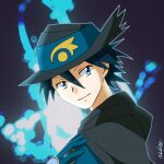  1boy bangs black_cape black_hair black_headwear blue_eyes blue_gloves cape closed_mouth commentary_request gloves hair_between_eyes hand_up hat hat_ribbon highres looking_back male_focus nuko_(87stw) pokemon pokemon_(anime) pokemon_m08 pokemon_rse_(anime) ribbon short_hair signature sir_aaron smile solo spiky_hair upper_body 