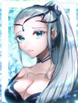  1girl blue_eyes breasts choker circlet closed_mouth earrings eir_(fire_emblem) fire_emblem fire_emblem_heroes highres jewelry large_breasts long_hair looking_at_viewer ponytail solo upper_body white_hair yoshio1107lin 