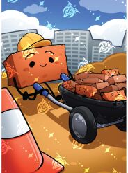  blush_stickers brick bricky building clero_(viprimo) clouds drooling hard_hat helmet mouth_drool open_mouth original shadow sky smile traffic_cone watermark wheelbarrow yellow_helmet 