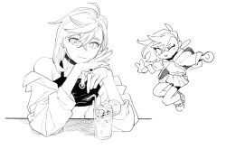  1girl ayase_momo bare_shoulders black_choker choker closed_mouth collarbone commentary crop_top crossed_bangs cup dandadan drink drinking_straw earrings elbow_rest elbows_on_table greyscale hair_between_eyes ice ice_cube jacket jewelry kai_(huikuai2) lineart looking_at_viewer miniskirt monochrome multiple_views one_eye_closed open_clothes open_jacket open_shirt pleated_skirt shirt short_hair simple_background skirt smile strapless table tube_top upper_body v white_background 