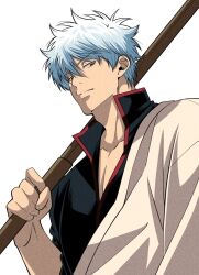  1boy black_shirt blue_hair closed_mouth collarbone gintama hadanugi_dousa half-closed_eyes hand_up holding holding_sword holding_weapon japanese_clothes kimono looking_at_viewer male_focus messy_hair popped_collar red_eyes sakata_gintoki shirt short_hair simple_background solo sword upper_body weapon white_background white_kimono yubi_nui21 