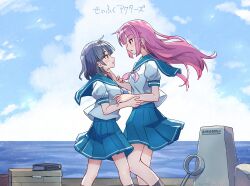  2girls blue_hair blue_sailor_collar blue_skirt blue_sky book clouds copyright_request day dock highres long_hair looking_at_viewer medium_hair multiple_girls nanikatof ocean orange_eyes pink_hair sailor_collar shirt short_sleeves skirt sky toolbox water white_shirt 