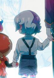  2boys aged_down amethio_(pokemon) charcadet commentary_request copituji from_behind highres holding_hands male_focus multicolored_hair multiple_boys pokemon pokemon_(anime) pokemon_(creature) pokemon_horizons shirt short_hair shorts suspenders 