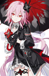  1girl asymmetrical_dress black_dress black_flower black_gloves black_umbrella commentary_request dress earrings empty_eyes evernight_(honkai:_star_rail) flower gloves hair_flower hair_ornament hairclip highres holding holding_umbrella honkai:_star_rail honkai_(series) jewelry long_hair long_sleeves looking_at_viewer march_7th_(honkai:_star_rail) official_alternate_eye_color pink_hair red_eyes simple_background single_bare_shoulder smile solo thigh_strap torn_clothes torn_gloves umbrella very_long_hair white_background zangyaacco 