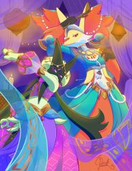  animal_ear_fluff arabian_clothes clothed_pokemon delphox delphox_(sacred) detached_sleeves green_fur highres looking_at_viewer meowscarada meowscarada_(dancer) official_alternate_costume pinkcinnam0n pokemon pokemon_(creature) pokemon_unite puffy_sleeves red_eyes signature two-tone_fur violet_eyes white_fur yellow_fur 