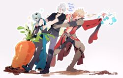  3boys absurdres anaxa_(honkai:_star_rail) aqua_hair armor black_boots black_pants black_shirt black_sleeves blonde_hair blue_eyes boots carrot cuisses detached_sleeves english_text eyepatch gauntlets gradient_hair greaves grey_hair grey_pants highres honkai:_star_rail honkai_(series) leg_armor little_ica_(honkai:_star_rail) long_hair multicolored_hair multiple_boys mydei_(honkai:_star_rail) orange_hair oversized_food oversized_object pants pauldrons phainon_(honkai:_star_rail) poleyn pulling sabaton shirt short_hair shoulder_armor single_pauldron vioarry 