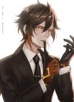  1boy adjusting_clothes adjusting_gloves ahoge alternate_costume artist_name aura_draws black_necktie blazer brown_hair collared_shirt cracked_skin dated diamond-shaped_pupils diamond_(shape) english_commentary expressionless eyelashes genshin_impact glove_in_mouth gloves gradient_hair jacket lips long_sleeves looking_to_the_side male_focus mouth_hold multicolored_hair necktie nose orange_hair shiny shiny_hair shirt sidelocks simple_background standing suit_jacket symbol-shaped_pupils tattoo teeth upper_body white_background wing_collar zhongli_(genshin_impact) 