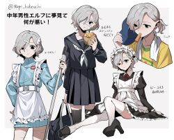  1boy absurdres alternate_costume androgynous apron bag bags_under_eyes black_dress black_eyes black_sailor_collar black_serafuku black_skirt black_thighhighs border bread broom collared_dress commentary_request contemporary cowboy_shot crossdressing crossdressing_(mtf) dress dungeon_meshi eating elf enmaided eyepatch food food_in_mouth food_on_face frilled_apron frills full_body garter_straps grey_background grey_hair hair_ornament hairclip hat head_tilt high_heels highres holding holding_bag holding_broom holding_food holding_unworn_clothes holding_unworn_hat jersey jersey_maid lazy_eye long_sleeves looking_at_viewer looking_to_the_side maid maid_apron maid_headdress male_focus male_maid medical_eyepatch melon_bread mithrun multiple_scars multiple_views neckerchief notched_ear official_alternate_costume official_alternate_hairstyle pleated_skirt pointy_ears popsicle popsicle_in_mouth puffy_sleeves sailor_collar scar school_bag school_uniform serafuku shirosaki20725 shirt short_hair simple_background sitting skirt sweat t-shirt thigh-highs towel towel_around_neck translation_request trap unconventional_maid uneven_eyes unworn_hat unworn_headwear upper_body waist_apron wavy_hair white_apron white_border white_neckerchief white_thighhighs 