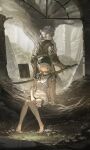 1boy 1girl absurdres barefoot brother_and_sister closed_eyes closed_mouth doren dress english_commentary feet flower grimoire_weiss highres nier nier_(series) nier_(young) short_hair siblings silver_hair smile sword weapon white_dress white_hair yonah 