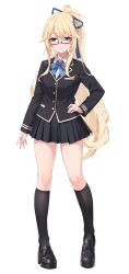  1girl acasta_(warship_girls_r) black_jacket black_skirt black_socks blazer blonde_hair blue_bow blue_bowtie blue_ribbon bow bowtie breasts glasses grey_eyes hair_between_eyes hair_ribbon highres jacket loafers long_hair long_sleeves looking_at_viewer medium_breasts miniskirt pleated_skirt ponytail red-framed_eyewear ribbon school_uniform shoes sidelocks skirt smile socks solo standing very_long_hair warship_girls_r xnnagu 