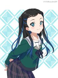  1girl 22/7 aqua_eyes aqua_hair arms_behind_back artist_name black_bow black_bowtie black_hair black_skirt bow bowtie closed_mouth collarbone cowboy_shot from_side gradient_hair green_shirt highres long_hair long_sleeves looking_at_viewer looking_to_the_side multicolored_hair nanairo_(nanairo227) nishiura_sora plaid_clothes plaid_skirt pleated_skirt rokubanchou_school_uniform sailor_collar school_emblem school_uniform serafuku shirt skirt smile solo standing two_side_up white_sailor_collar winter_uniform 