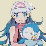  1girl bare_arms beanie blue_eyes blush clenched_teeth closed_mouth commentary_request eyelashes grey_headwear hair_ornament hairclip hat hikari_(pokemon) holding holding_pokemon long_hair piplup pokemon pokemon_(creature) pokemon_(game) pokemon_bdsp rousteinire scarf shirt sidelocks signature sleeveless sleeveless_shirt smile split_mouth sweat tearing_up teeth upper_body yellow_background 