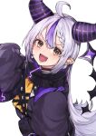  1girl :d ahoge appleseed_(appleseed_art) ascot bangs black_choker blush braid choker collar commentary_request demon_horns eyebrows_visible_through_hair hololive horns jacket la+_darknesss long_hair long_sleeves looking_at_viewer metal_collar multicolored_hair pointy_ears purple_hair purple_jacket silver_hair simple_background sleeves_past_fingers sleeves_past_wrists smile solo streaked_hair tail upper_body v-shaped_eyebrows very_long_hair virtual_youtuber white_background yellow_ascot yellow_eyes 