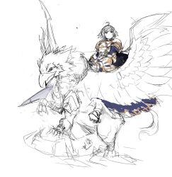  1girl ahoge armor armored_boots armored_dress boots breastplate commentary_request dress full_body griffin gryphon_(ragnarok_online) holding holding_polearm holding_weapon lance mil_(xration) no_mouth official_alternate_costume pauldrons polearm ragnarok_online riding royal_guard_(ragnarok_online) short_hair shoulder_armor simple_background sketch solo weapon white_background white_hair 