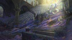 altar arch church feathered_dragon feathered_wings hanxiaodan highres indoors light_particles lovebrush_chronicles magic no_humans official_art overgrown pew pillar plant ruins scenery statue sunlight winged_animal wings 