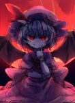  1girl bangs bat_wings closed_mouth cowboy_shot dress eyebrows_visible_through_hair fang hat hat_ribbon isu_(is88) looking_at_viewer petticoat puffy_short_sleeves puffy_sleeves purple_hair red_background red_eyes remilia_scarlet ribbon short_hair short_sleeves smile solo standing touhou wings 