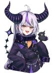  1girl :d ahoge appleseed_(appleseed_art) ascot bangs bird bird_on_hand blush braid collar commentary_request crow_(la+_darknesss) demon_horns dress eyebrows_visible_through_hair hololive horns la+_darknesss long_hair long_sleeves looking_at_viewer metal_collar multicolored_hair pointy_ears purple_dress purple_hair silver_hair simple_background sleeves_past_fingers sleeves_past_wrists smile solo streaked_hair tail v-shaped_eyebrows virtual_youtuber white_background yellow_ascot yellow_eyes 