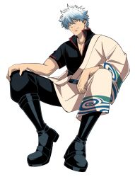  1boy black_boots black_pants black_shirt blue_hair boots closed_mouth collarbone full_body gintama hadanugi_dousa half-closed_eyes highres japanese_clothes kimono male_focus messy_hair pants popped_collar red_eyes sakata_gintoki shirt short_hair simple_background sitting solo white_background white_kimono yubi_nui21 