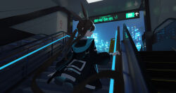  1girl amiya_(arknights) animal_ears arknights black_jacket black_pantyhose blue_eyes cityscape escalator extra_ears from_behind highres jacket l1an9_(user_xdpk2425) low_ponytail pantyhose ponytail rabbit_ears rabbit_girl sidelocks solo stairs 