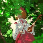  1girl blonde_hair bow bow_(music) bush collared_shirt covered_face detached_sleeves erhu hair_bow instrument japanese_clothes kaigen_1025 leaf long_sleeves miko red_bow red_ribbon red_skirt ribbon satsuki_rin shirt short_hair skirt touhou tree white_shirt wide_sleeves 