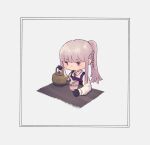  absurdres bangs black_gloves blunt_bangs chibi collared_shirt commentary_request cup danganronpa:_trigger_happy_havoc danganronpa_(series) eyebrows_visible_through_hair gloves green_necktie grey_shirt hand_up highres holding holding_cup kirigiri_kyouko long_hair mug necktie no_mouth pink_hair ponytail ramen shiny shiny_hair shirt simple_background solo umare-tate_no_yomo violet_eyes water white_background 