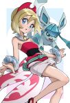  1girl armband blonde_hair blue_eyes breasts cowboy_shot duplicate glaceon gonzarez highres irida_(pokemon) jewelry light_blue_background medium_breasts neck_ring pixel-perfect_duplicate pokemon pokemon_(game) pokemon_legends:_arceus red_headwear short_hair shorts tank_top white_background white_shorts 