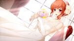  1girl :d bangs blush bouquet bridal_veil brown_hair collarbone dress dutch_angle elbow_gloves eyebrows_visible_through_hair flower game_cg gloves hair_ornament highres holding holding_bouquet hoshi_ori_yume_mirai iizuki_tasuku indoors long_dress red_eyes shinozaki_marika shiny shiny_hair short_hair sleeveless sleeveless_dress smile solo sunlight tied_hair veil wedding_dress white_dress white_flower white_gloves 