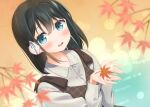  1girl :d apollo_(hu_maple) autumn_leaves bangs black_hair blue_eyes blurry blurry_foreground blush brown_dress collared_shirt commentary_request depth_of_field dress dress_shirt dutch_angle eyebrows_visible_through_hair grey_shirt hair_between_eyes hair_ribbon hands_up highres holding holding_leaf leaf maple_leaf original plaid plaid_dress ribbon shirt sleeveless sleeveless_dress smile solo white_ribbon 