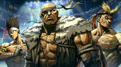  3boys armlet bald brown_hair cracking_knuckles crossover crowd dark-skinned_male dark_skin eyepatch facial_tattoo fahkumram fatal_fury fatal_fury:_city_of_the_wolves flag_print frown glaring glasses glowing glowing_eyes hand_wraps headband headdress heyjay highres japanese_flag japanese_flag_print jewelry joe_higashi looking_to_the_side multiple_boys multiple_crossover pelt sagat scar scar_on_chest short_hair smile spiky_hair spotlight stadium street_fighter street_fighter_6 tattoo tekken tekken_8 topless_male trait_connection upper_body very_short_hair 