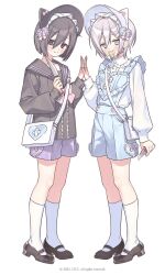  2boys @_@ animal_ears bag black_eyes black_hair bob_cut bonnet bow bowtie boxcutter cat_ears fake_animal_ears full_body hair_ornament heart_pockets highres holding holding_boxcutter holding_knife knife long_sleeves male_focus multiple_boys nagisa_no_cherii original overall_shorts overalls pacifier sailor_collar shoulder_bag smile socks white_eyes white_hair wing_hair_ornament 