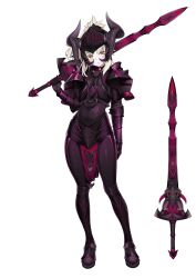  1girl absurdres alternate_eye_color alternate_hair_color alternate_skin_color armor armored_boots bags_under_eyes blonde_hair boots braid bull clarent_(fate) closed_mouth commission commissioner_upload expressionless fake_horns fate_(series) full_armor gauntlets greaves half_up_braid helmet highres holding holding_sword holding_weapon horned_headwear horned_helmet horns leg_armor loincloth looking_at_viewer medium_hair mordred_(fate) nabunabu over_shoulder pale_skin pauldrons ponytail red_trim shoulder_armor solo spikes standing sword sword_over_shoulder weapon weapon_over_shoulder white_background yellow_eyes 