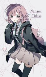  1girl :o absurdres animal_bag backpack bag black_jacket black_shirt black_thighhighs brown_hair brown_skirt cat_bag character_name collared_shirt commentary danganronpa_(series) danganronpa_2:_goodbye_despair dress_shirt hair_ornament highres hood hood_down hooded_jacket jacket long_sleeves m_yiil77 medium_hair miniskirt nanami_chiaki neck_ribbon open_clothes open_jacket pink_bag pink_eyes pink_ribbon pleated_skirt ribbon shirt skirt solo spaceship_hair_ornament symbol-only_commentary thank_you thigh-highs two-tone_shirt white_shirt 