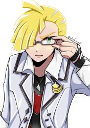  1boy ahoge bespectacled black_shirt blonde_hair collarbone gladion_(academy)_(pokemon) gladion_(pokemon) glasses green_eyes highres looking_at_viewer male_focus official_alternate_costume pokemon pokemon_masters_ex shirt simple_background solo twitter_username white_background zakku_(zkpkmn0) 