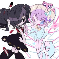  ... 2girls ;d ame-chan_(needy_girl_overdose) black_hair blonde_hair blood blood_drop blue_eyes blue_hair blue_serafuku blunt_bangs bow boxcutter chest_bow chibi chibi_only chouzetsusaikawa_tenshi-chan colored_tips dual_persona feet_out_of_frame foot_out_of_frame hair_bow hair_ornament hair_over_one_eye heart highres jjamdal knees_together_feet_apart multicolored_hair multiple_girls multiple_hair_bows needy_girl_overdose one_eye_closed pien_cat_(needy_girl_overdose) pill pink_hair quad_tails red_shirt school_uniform serafuku shirt short_twintails sidelocks simple_background skirt smile sparkling_eyes speech_bubble spoken_ellipsis spoken_heart suspender_skirt suspenders twintails v white_background winged_sleeves x_hair_ornament 