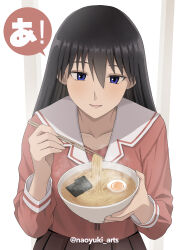  1girl a_(phrase) absurdres azumanga_daioh azumanga_daioh's_school_uniform black_hair blue_eyes bowl chopsticks egg_(food) food hair_between_eyes hands_up highres holding holding_bowl long_hair long_sleeves naoyuki_arts noodles parted_lips pleated_skirt red_shirt sakaki_(azumanga_daioh) school_uniform shirt skirt smile solo straight-on upper_body 