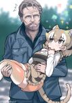  1boy 1girl animal_ears apron blonde_hair blush bow bowtie brown_eyes carrying collared_shirt empty_eyes extra_ears eye_contact eyebrows_visible_through_hair hair_between_eyes highres holding holding_person jacket kemono_friends long_sleeves looking_at_another real_life shirt short_hair tail tanaka_kusao thigh-highs thylacine_(kemono_friends) white_hair white_shirt 