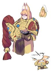  1girl absurdres adeptus_custodes animal_ears armor bell chibi closed_eyes emperor_of_mankind fox_ears fox_girl gauntlets headpat helmet highres long_hair orange_hair pauldrons plume power_armor pteruges shoulder_armor simple_background starve1699 warhammer_40k white_background 