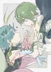  2girls antennae aqua_hair bad_id bad_twitter_id black_cape bouquet butterfly_wings cape character_name closed_mouth dress eternity_larva eyebrows_visible_through_hair fairy flower green_dress green_eyes green_hair hair_between_eyes highres holding holding_bouquet komaki_(km_2000) leaf leaf_on_head multicolored_clothes multicolored_dress multiple_girls orange_eyes pink_flower short_hair single_strap smile third-party_source touhou wings wriggle_nightbug 