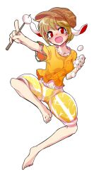  1girl alphes_(style) animal_ears barefoot blonde_hair blush commentary_request dairi dango flat_cap floppy_ears food full_body hair_between_eyes hat holding holding_food large_variant_set looking_at_viewer midriff navel orange_shirt outstretched_arm parody pointing rabbit_ears red_eyes ringo_(touhou) shirt short_hair short_sleeves shorts skewer solo style_parody tachi-e touhou transparent_background variant_set wagashi yellow_shirt 
