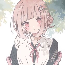  1girl blush breasts brown_hair collarbone collared_shirt danganronpa_(series) danganronpa_2:_goodbye_despair flipped_hair frown galaga hair_ornament jacket komanami_kawaii large_breasts long_sleeves medium_hair nanami_chiaki neck_ribbon open_clothes open_jacket pink_eyes ribbon shirt solo spaceship_hair_ornament sweat white_shirt 