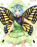  1girl antennae aqua_hair blush butterfly_wings dress eternity_larva eyebrows_visible_through_hair fairy feet_out_of_frame green_dress hair_between_eyes kiwicream09 leaf leaf_on_head multicolored_clothes multicolored_dress open_mouth short_hair single_strap smile solo star_(symbol) touhou twitter_username wings yellow_eyes 
