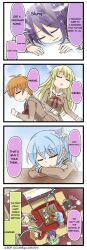 4koma 5girls bang_dream! black_hair blonde_hair blue_hair comic english_text hanasakigawa_school_uniform hello_happy_world! kitazawa_hagumi kotatsu long_sleeves matsubara_kanon official_art okusawa_misaki orange_(fruit) orange_hair purple_hair red_ribbon ribbon sailor_collar school_uniform seta_kaoru sleeping speech_bubble translated tsurumaki_kokoro whiteboard winter_uniform